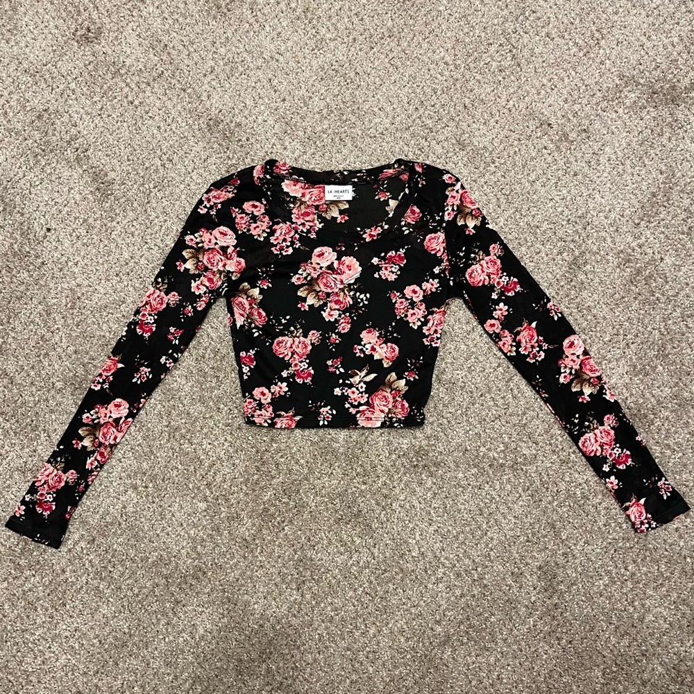 XS Floral Long Sleeved Crop Top Mesh Sleeves Chic